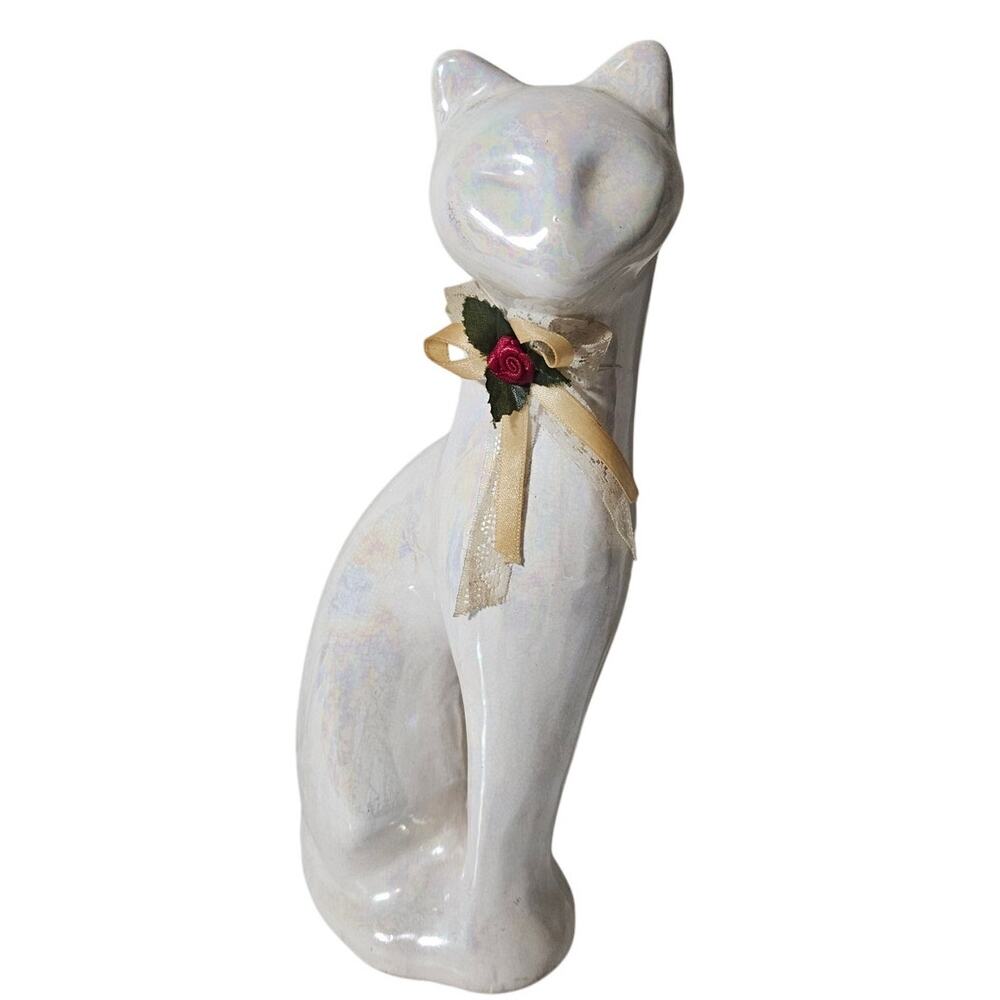 Vintage Iridescent White Ceramic Cat Figurine